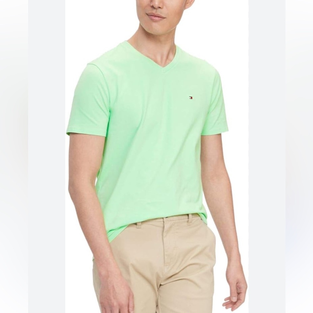 Tommy Hilfiger lime green mens V-NECK T-SHIRT size.